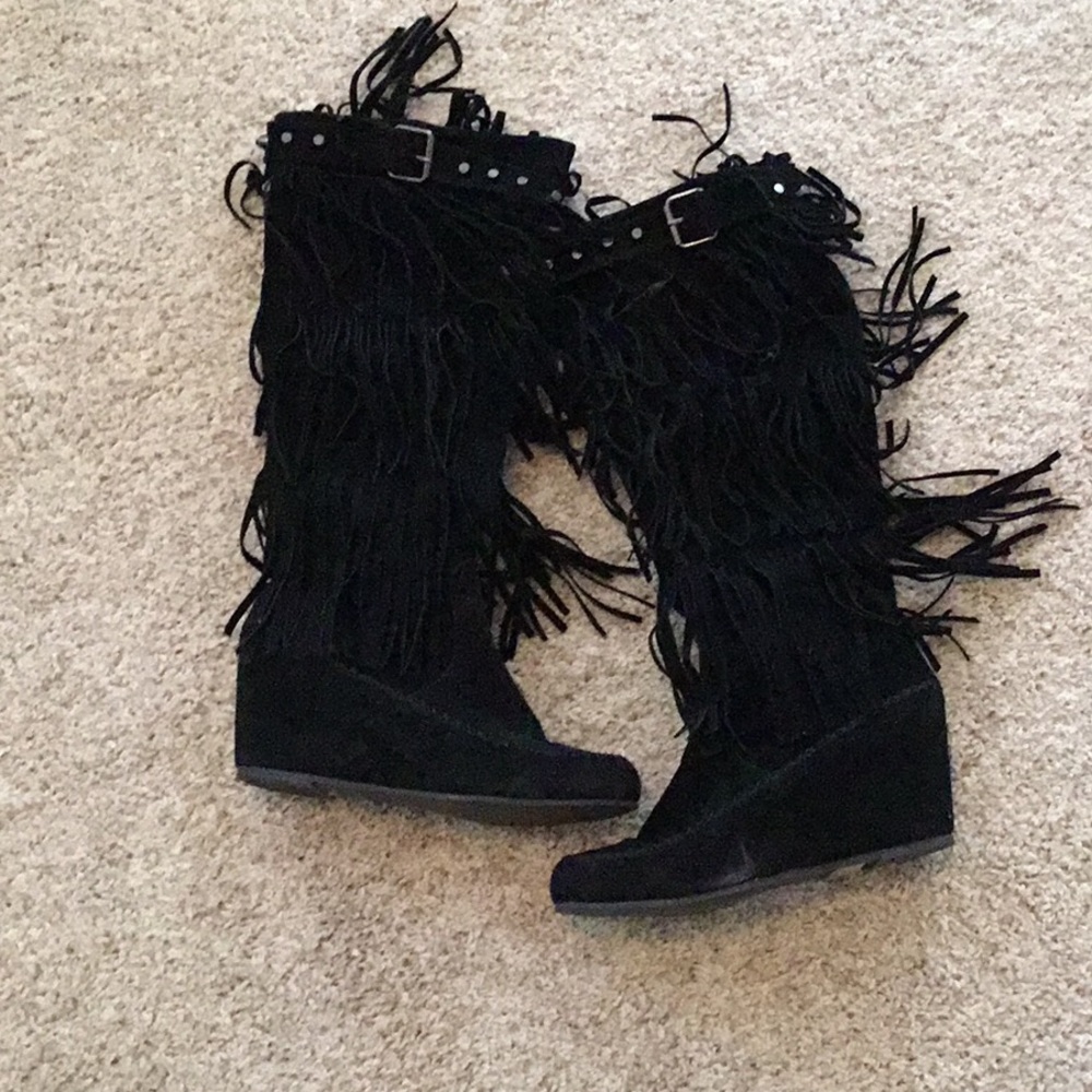 Black Fringe Wedge Boots 5/$25 - Picture 2 of 5